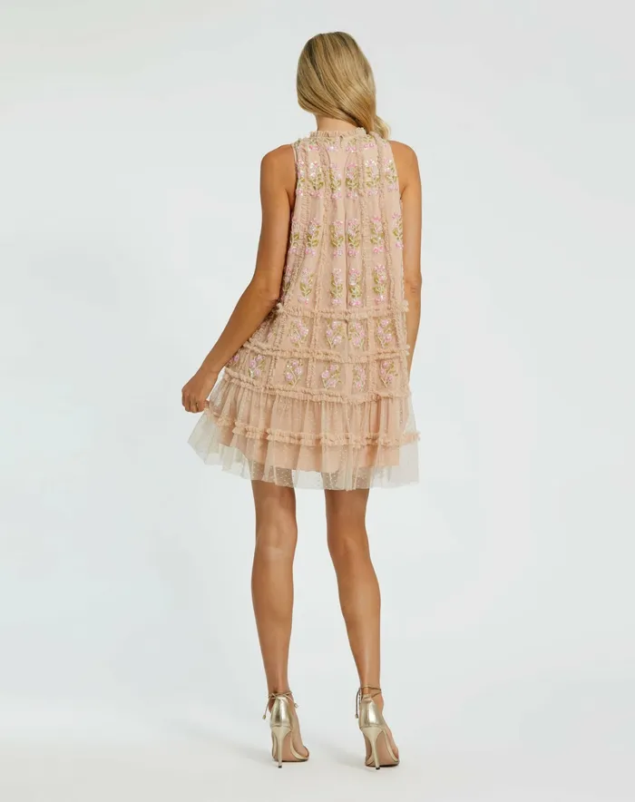 Daytime Dresses Sleeveless High Neck Beaded Ruffle Detail Dress Nude Multi Mac Duggal Women