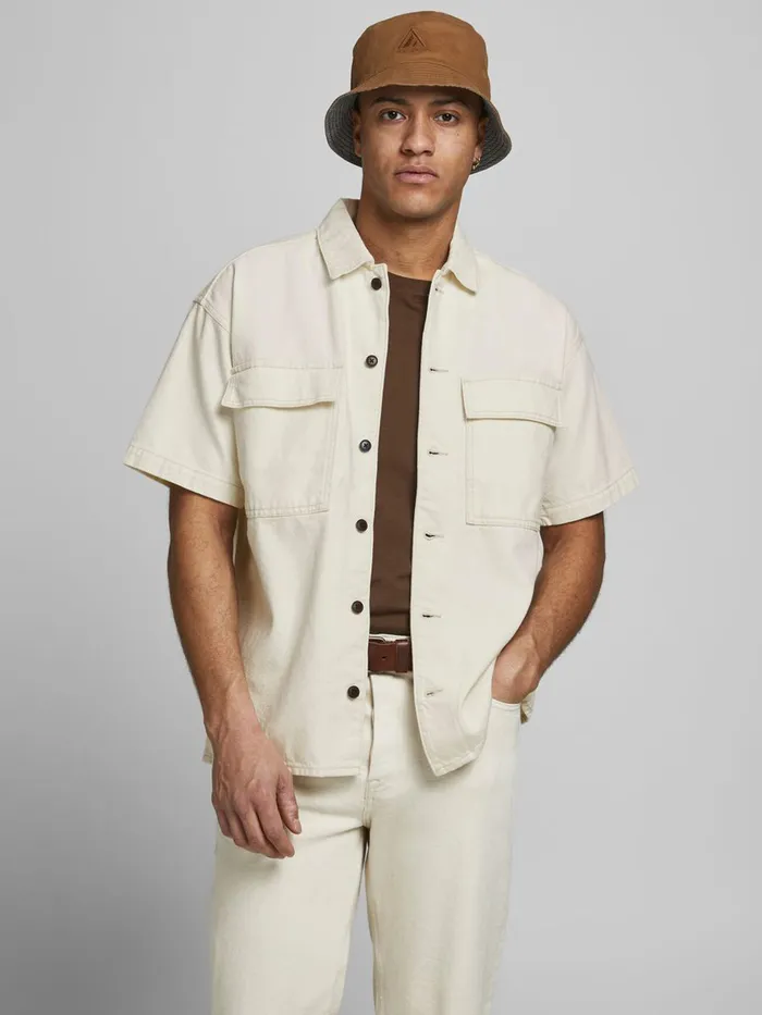 Denim Shirts JACK and JONES Mens BOXY SHORT SLEEVED DENIM SHIRT Beige Ecru Online Denim Shirts JACK and JONES Mens BOXY SHORT SLEEVED DENIM SHIRT Beige Ecru Online