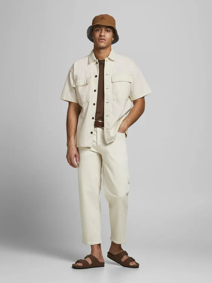 Denim Shirts JACK and JONES Mens BOXY SHORT SLEEVED DENIM SHIRT Beige Ecru Online