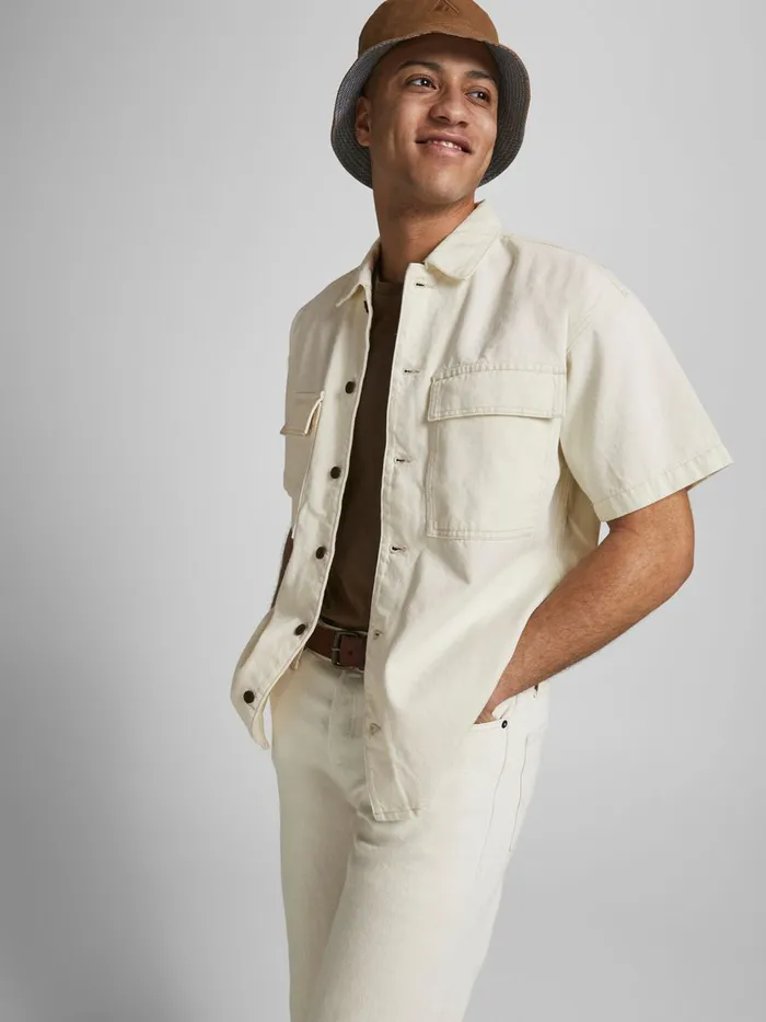 Denim Shirts JACK and JONES Mens BOXY SHORT SLEEVED DENIM SHIRT Beige Ecru Online