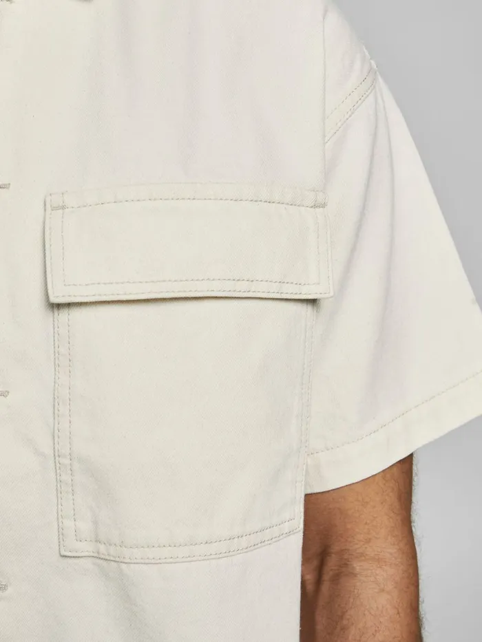 Denim Shirts JACK and JONES Mens BOXY SHORT SLEEVED DENIM SHIRT Beige Ecru Online