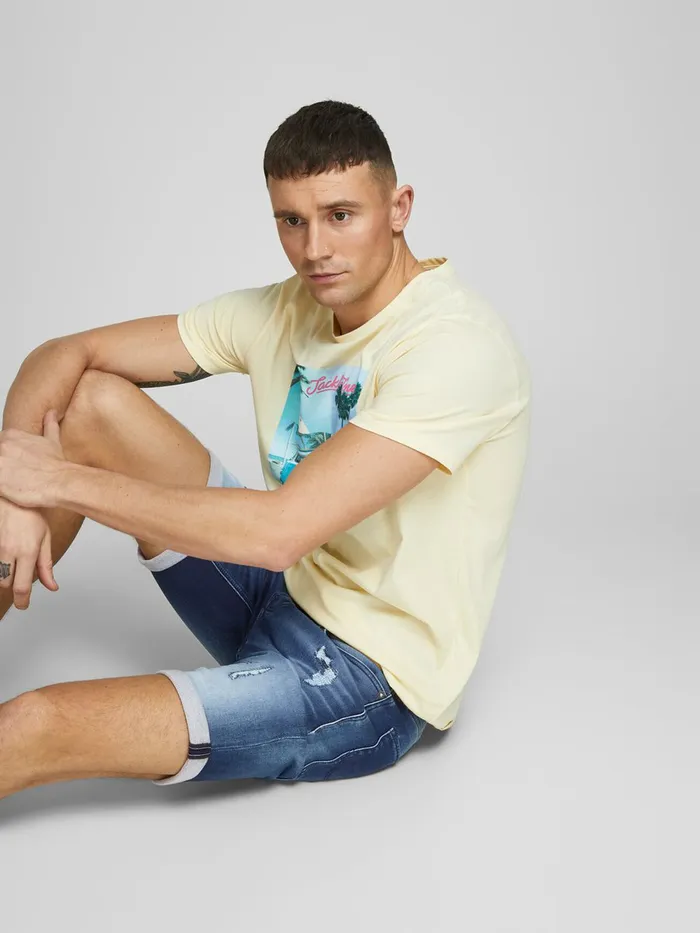 Denim Shorts JACK and JONES Mens RICK ICON GE 007 INDIGO KNIT DENIM SHORTS Blue Blue Denim Popular