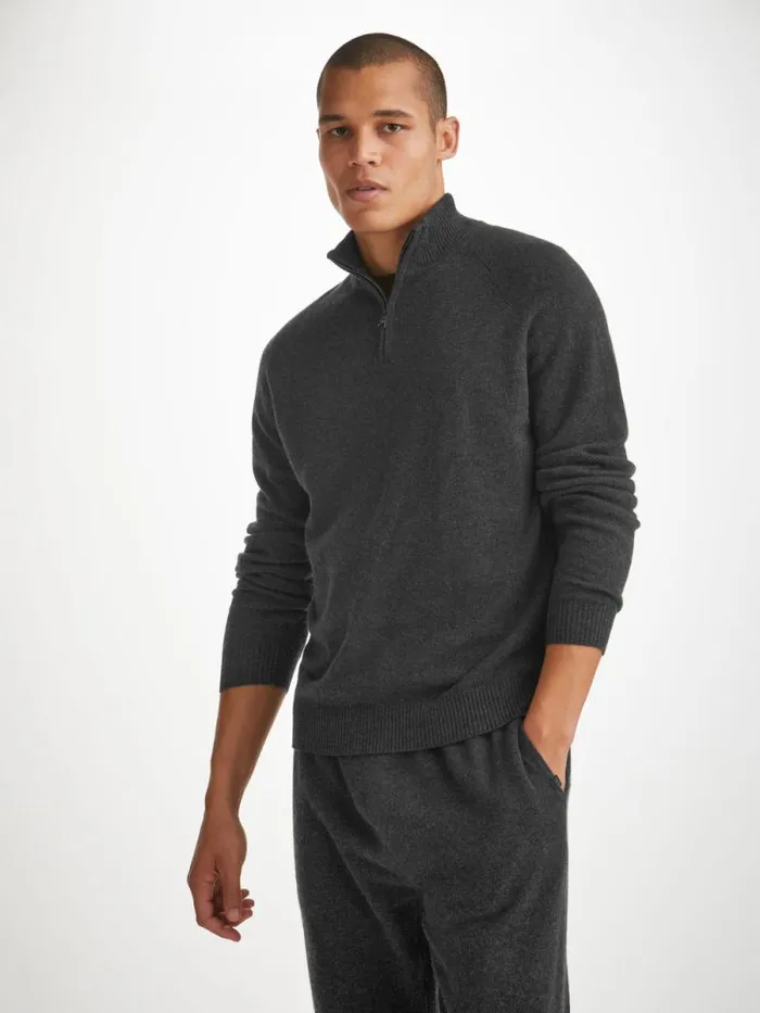 Derek Rose Cashmere Sweaters Men HalfZip Sweater Finley Cashmere Charcoal