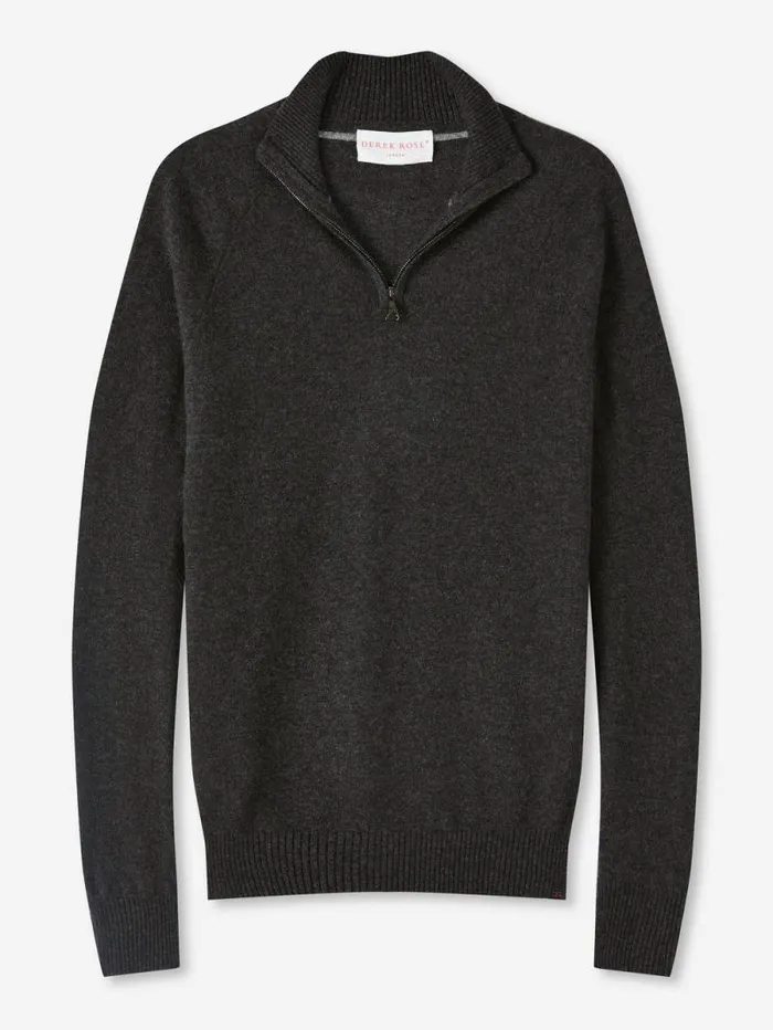 Derek Rose Cashmere Sweaters Men HalfZip Sweater Finley Cashmere Charcoal