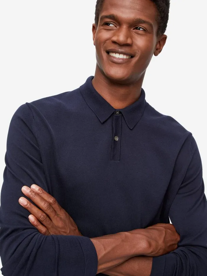 Derek Rose Casual Shirts Men Long Sleeve Polo Shirt Jacob Sea Island Cotton Navy