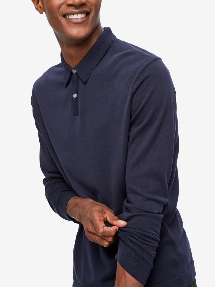 Derek Rose Casual Shirts Men Long Sleeve Polo Shirt Jacob Sea Island Cotton Navy