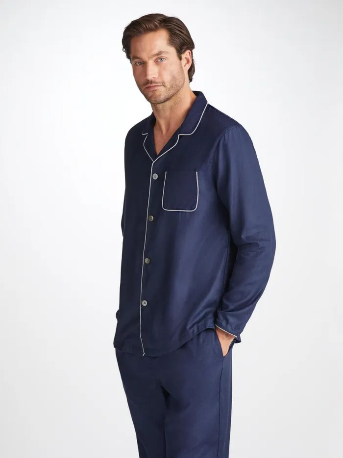 Derek Rose Cotton Pajamas Men Modern Fit Pajamas Lombard 6 Cotton Jacquard Navy