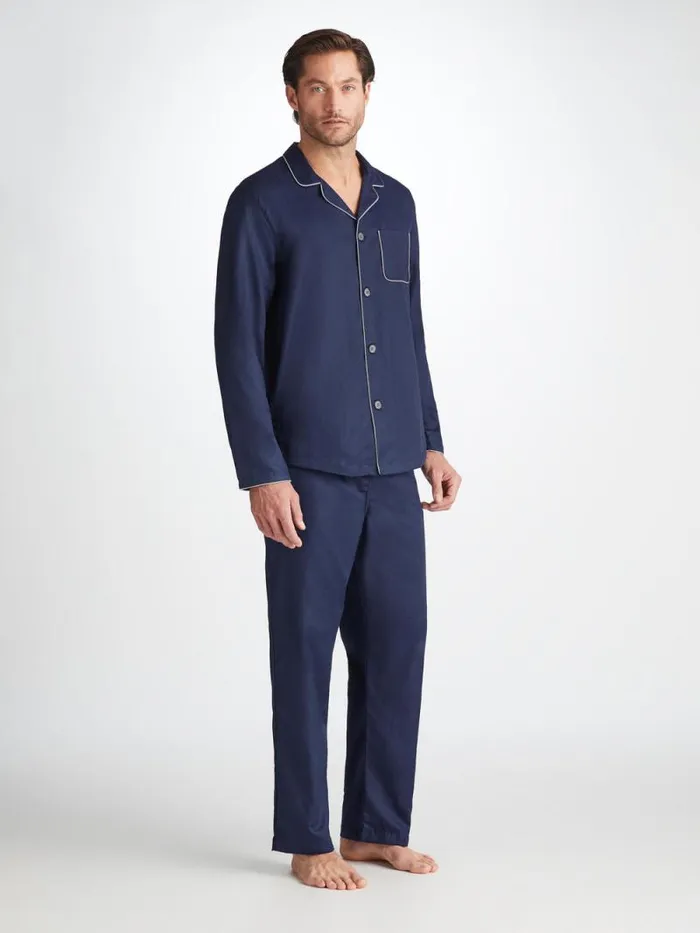 Derek Rose Cotton Pajamas Men Modern Fit Pajamas Lombard 6 Cotton Jacquard Navy
