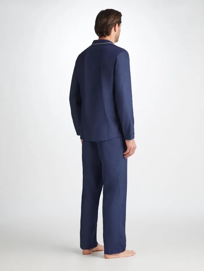 Derek Rose Cotton Pajamas Men Modern Fit Pajamas Lombard 6 Cotton Jacquard Navy