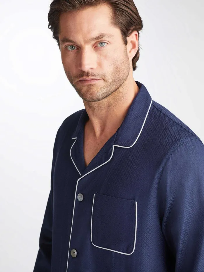 Derek Rose Cotton Pajamas Men Modern Fit Pajamas Lombard 6 Cotton Jacquard Navy