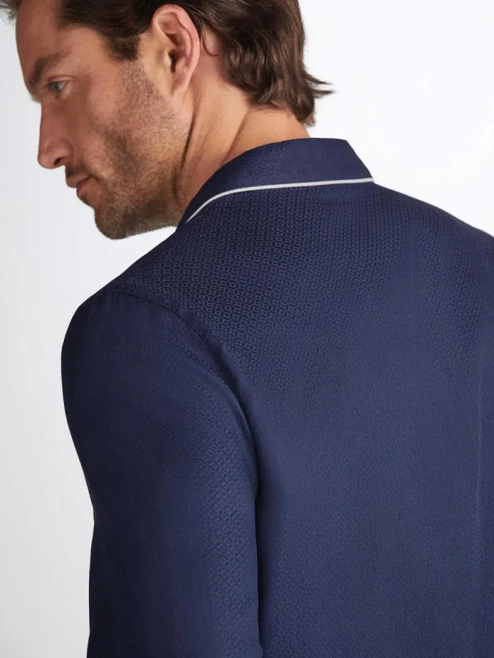 Derek Rose Cotton Pajamas Men Modern Fit Pajamas Lombard 6 Cotton Jacquard Navy