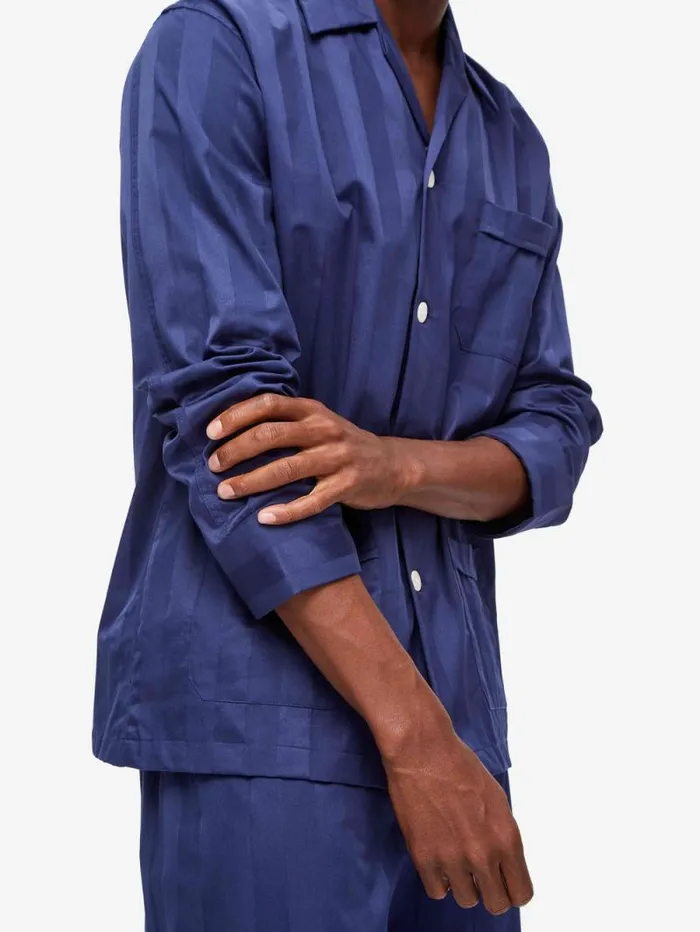 Derek Rose Long Pajamas Men Classic Fit Pajamas Lingfield Cotton Navy