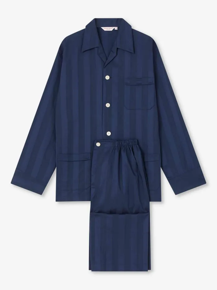 Derek Rose Long Pajamas Men Classic Fit Pajamas Lingfield Cotton Navy