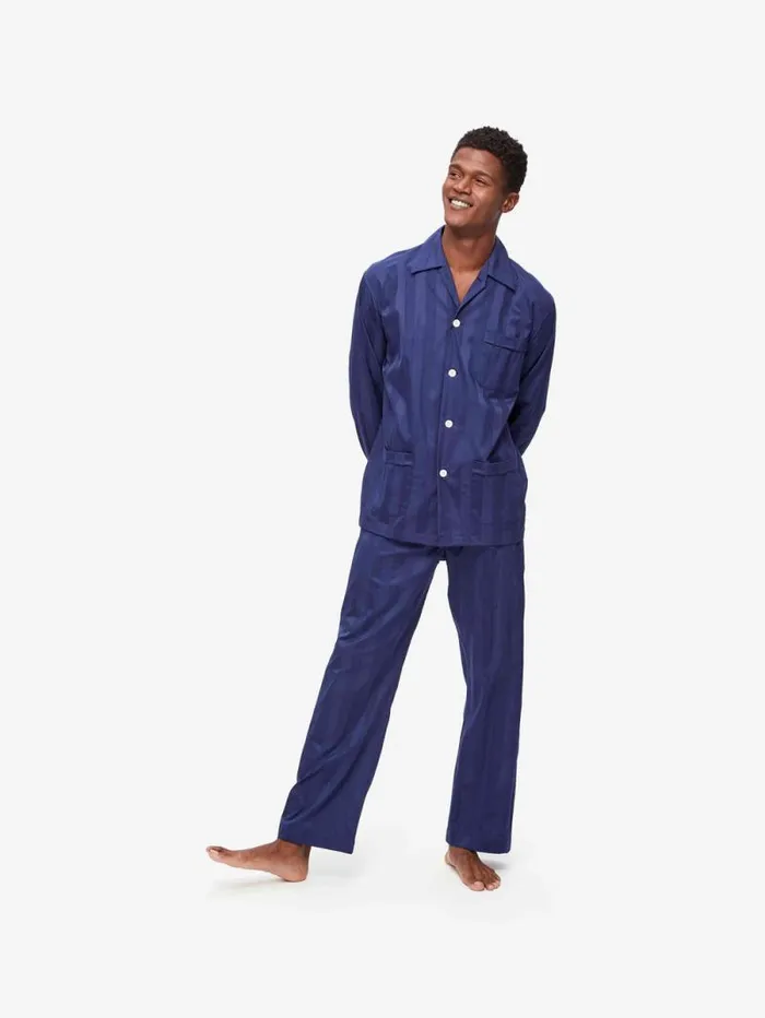 Derek Rose Long Pajamas Men Classic Fit Pajamas Lingfield Cotton Navy