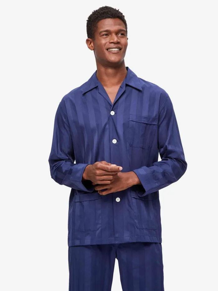 Derek Rose Long Pajamas Men Classic Fit Pajamas Lingfield Cotton Navy