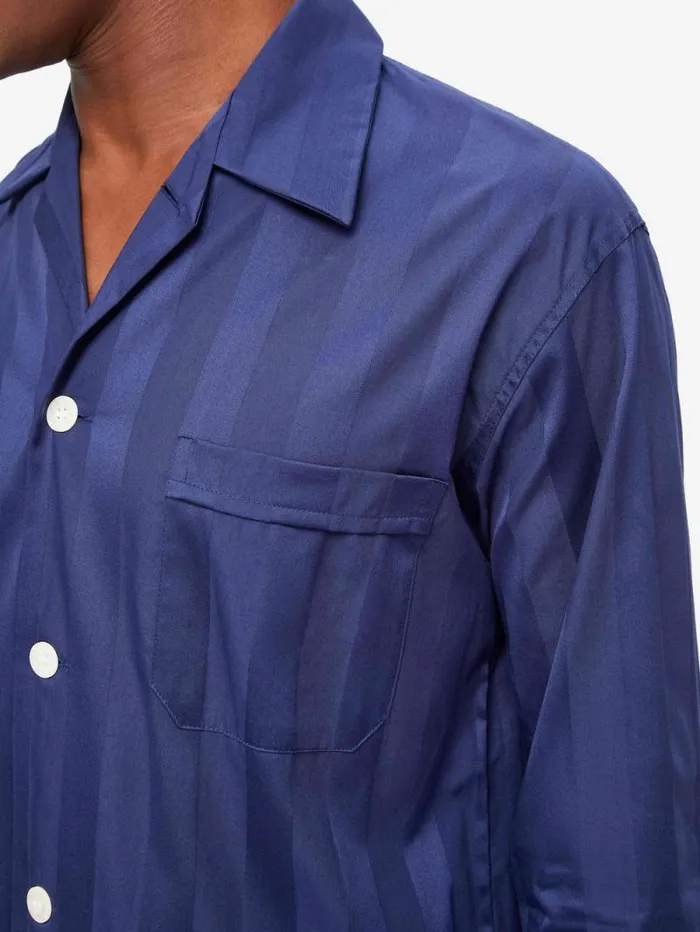 Derek Rose Long Pajamas Men Classic Fit Pajamas Lingfield Cotton Navy