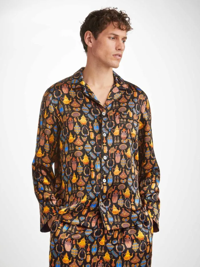 Derek Rose Long Pajamas Men Pajamas Brindisi 100 Silk Satin Black