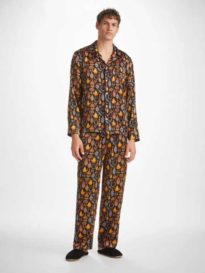 Derek Rose Long Pajamas Men Pajamas Brindisi 100 Silk Satin Black