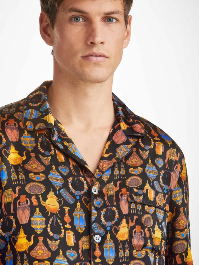 Derek Rose Long Pajamas Men Pajamas Brindisi 100 Silk Satin Black