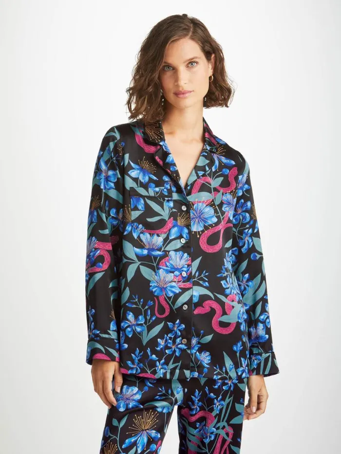 Derek Rose Long Pajamas Women Pajamas Brindisi 101 Silk Satin Black
