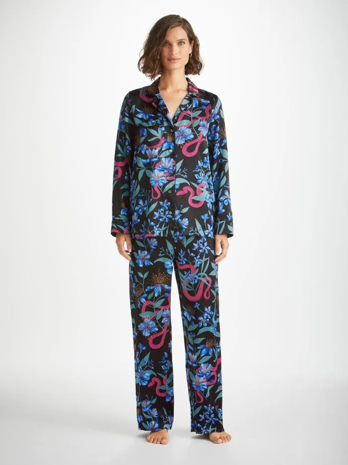 Derek Rose Long Pajamas Women Pajamas Brindisi 101 Silk Satin Black