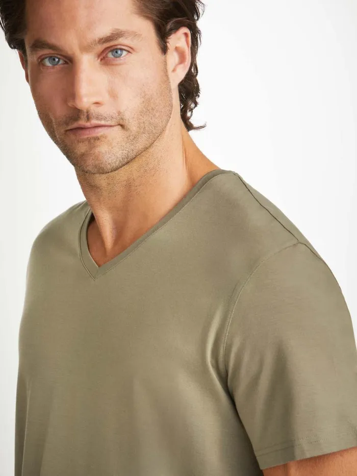 Derek Rose Short Sleeve TShirts Men VNeck TShirt Basel Micro Modal Stretch Khaki Derek Rose Short Sleeve TShirts Men VNeck TShirt Basel Micro Modal Stretch Khaki