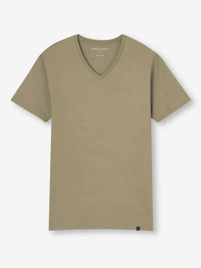 Derek Rose Short Sleeve TShirts Men VNeck TShirt Basel Micro Modal Stretch Khaki