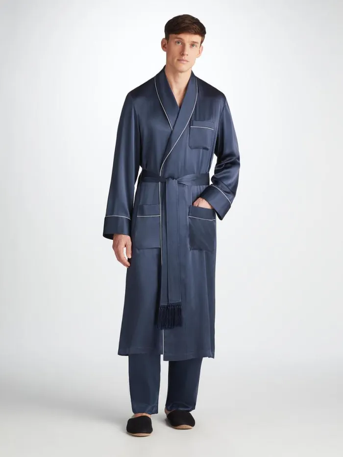 Derek Rose Silk Robes Men Robe Bailey Silk Satin Navy