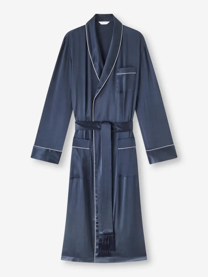 Derek Rose Silk Robes Men Robe Bailey Silk Satin Navy