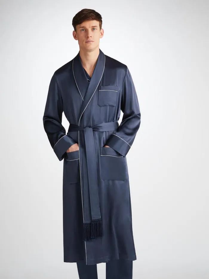 Derek Rose Silk Robes Men Robe Bailey Silk Satin Navy