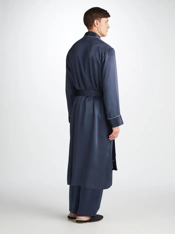 Derek Rose Silk Robes Men Robe Bailey Silk Satin Navy