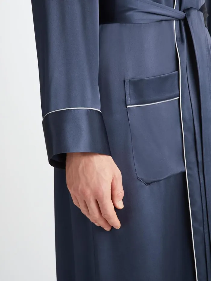 Derek Rose Silk Robes Men Robe Bailey Silk Satin Navy