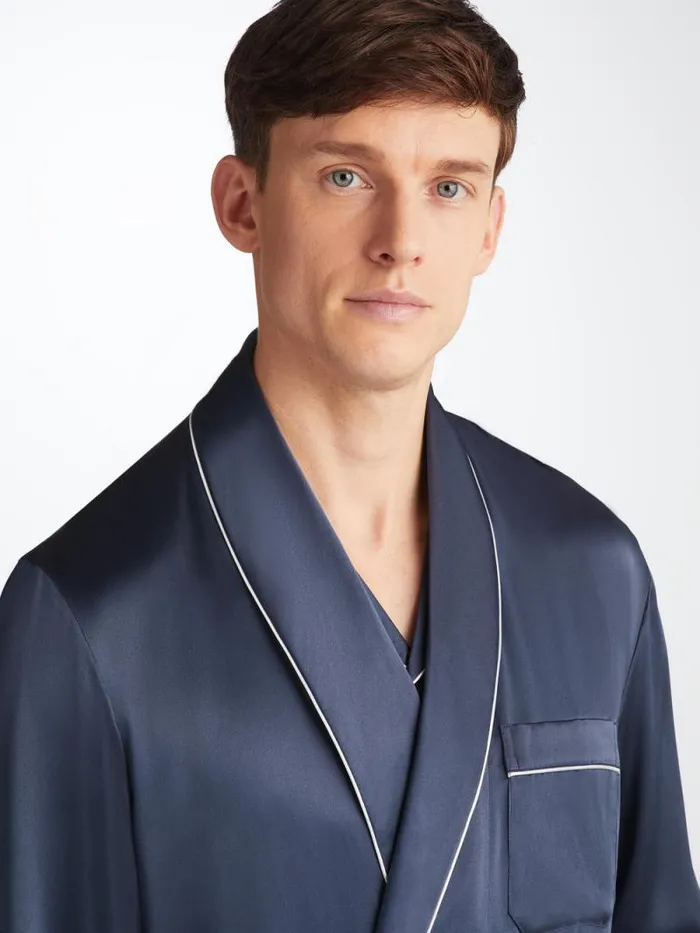 Derek Rose Silk Robes Men Robe Bailey Silk Satin Navy