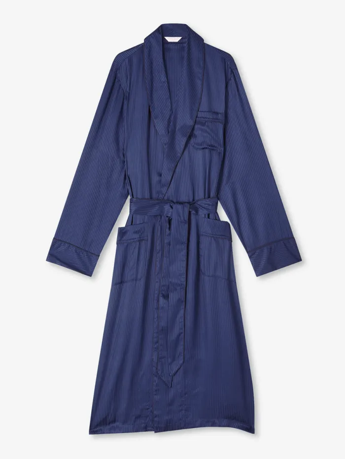 Derek Rose Silk Robes Men Robe Woburn 8 Silk Satin Navy