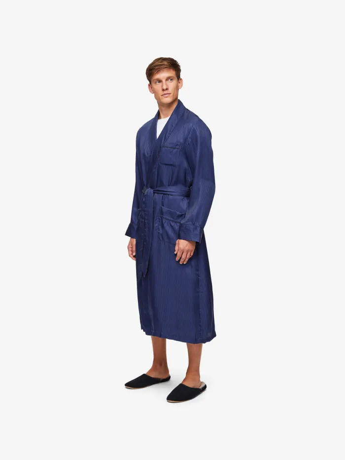Derek Rose Silk Robes Men Robe Woburn 8 Silk Satin Navy