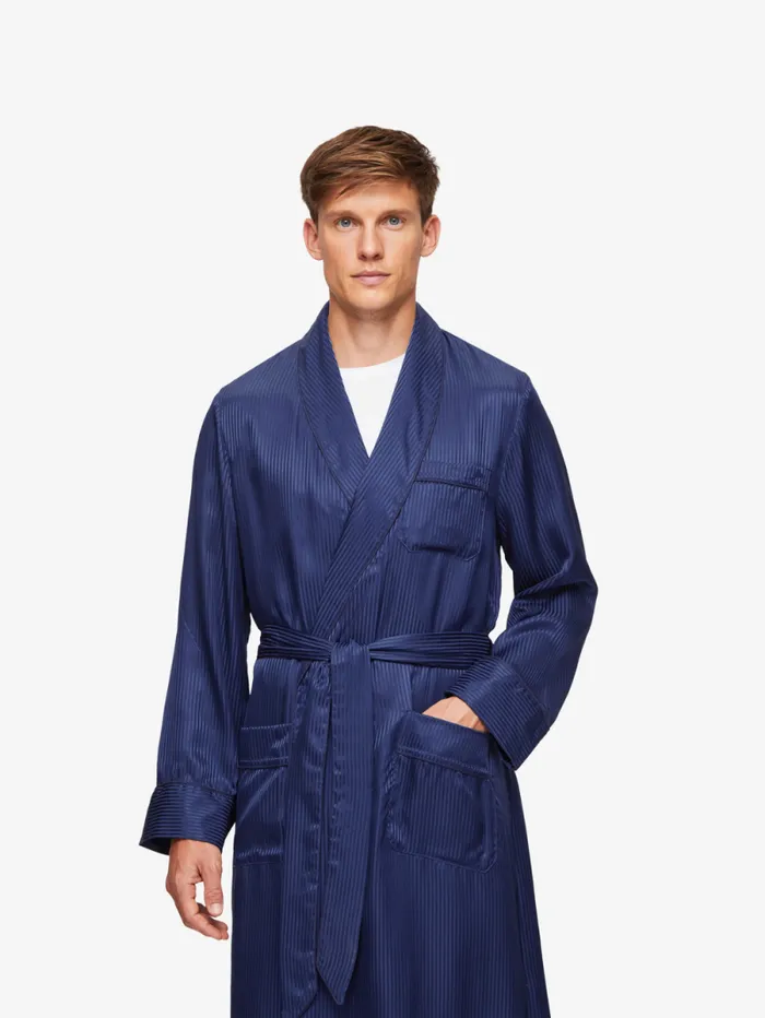 Derek Rose Silk Robes Men Robe Woburn 8 Silk Satin Navy