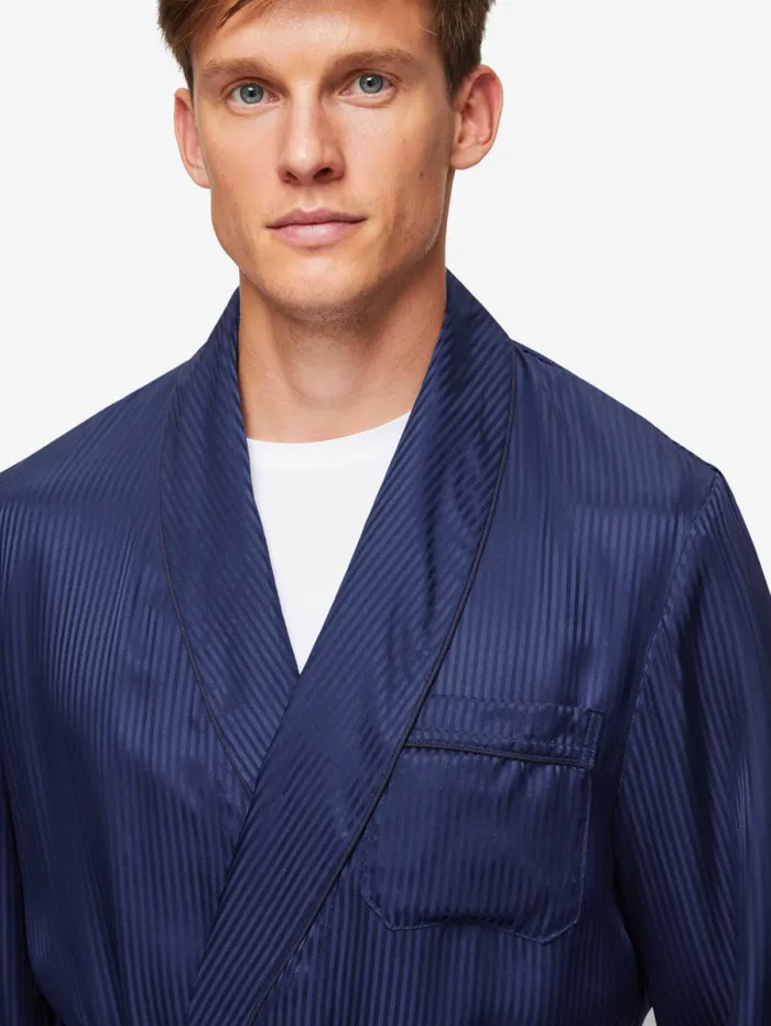 Derek Rose Silk Robes Men Robe Woburn 8 Silk Satin Navy