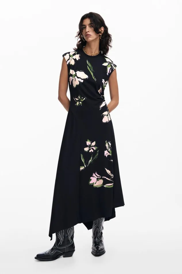 Dresses And Jumpsuits Women Desigual Asymmetric Floral Dress Black
