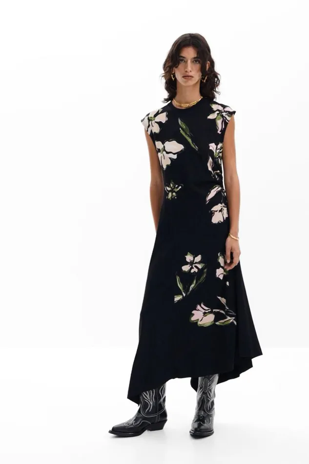 Dresses And Jumpsuits Women Desigual Asymmetric Floral Dress Black