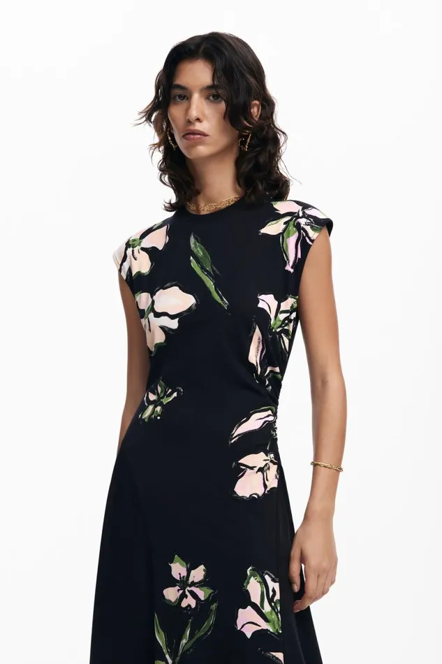 Dresses And Jumpsuits Women Desigual Asymmetric Floral Dress Black