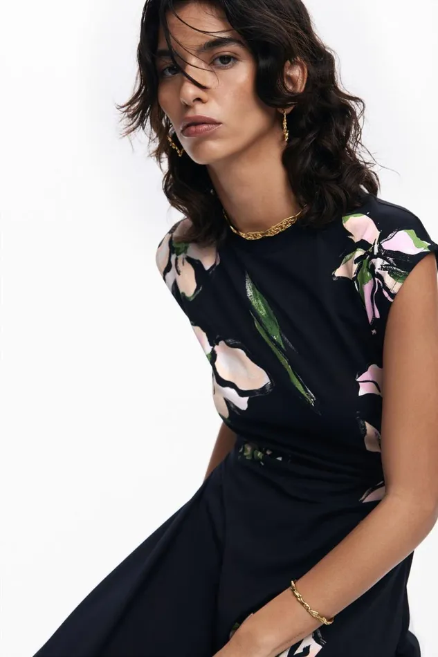 Dresses And Jumpsuits Women Desigual Asymmetric Floral Dress Black