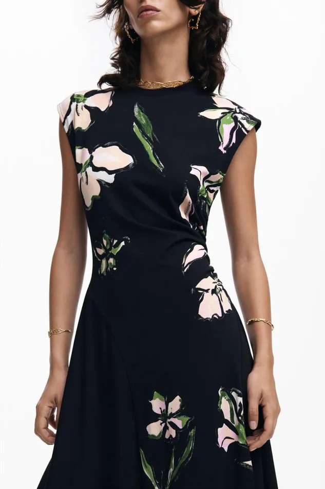 Dresses And Jumpsuits Women Desigual Asymmetric Floral Dress Black