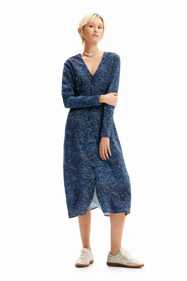 Dresses And Jumpsuits Women Desigual Floral Midi Shirt Dress Blue
