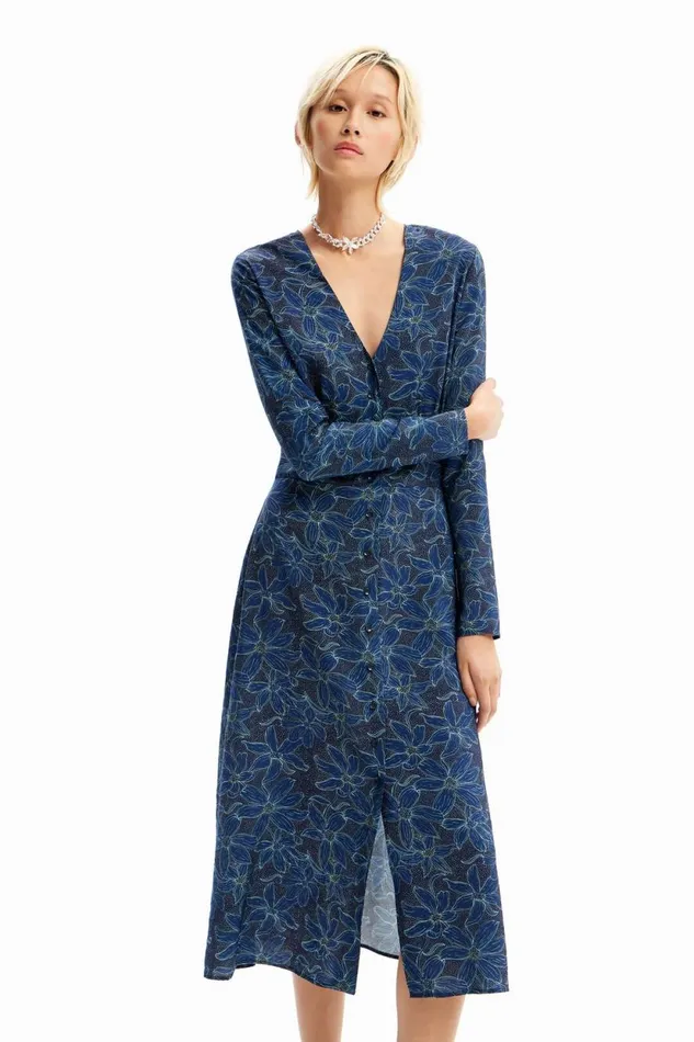 Dresses And Jumpsuits Women Desigual Floral Midi Shirt Dress Blue