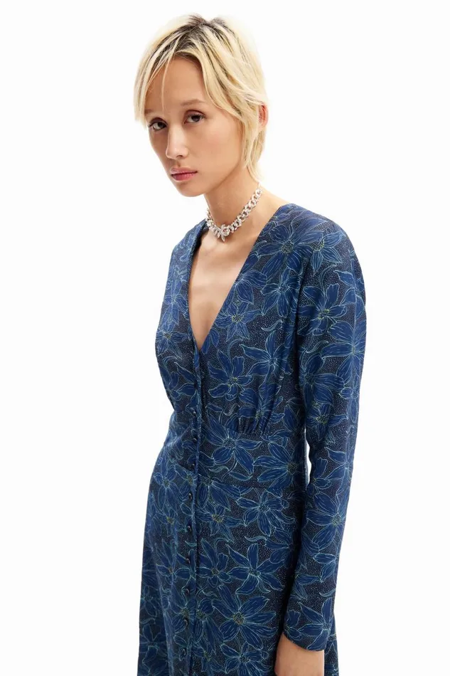 Dresses And Jumpsuits Women Desigual Floral Midi Shirt Dress Blue