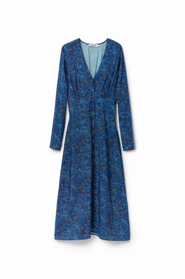 Dresses And Jumpsuits Women Desigual Floral Midi Shirt Dress Blue