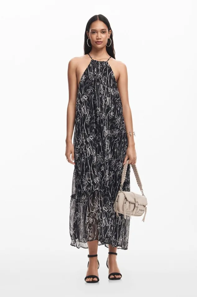Dresses And Jumpsuits Women Desigual Halter Dress With Floral Illustrations Black Dresses And Jumpsuits Women Desigual Halter Dress With Floral Illustrations Black