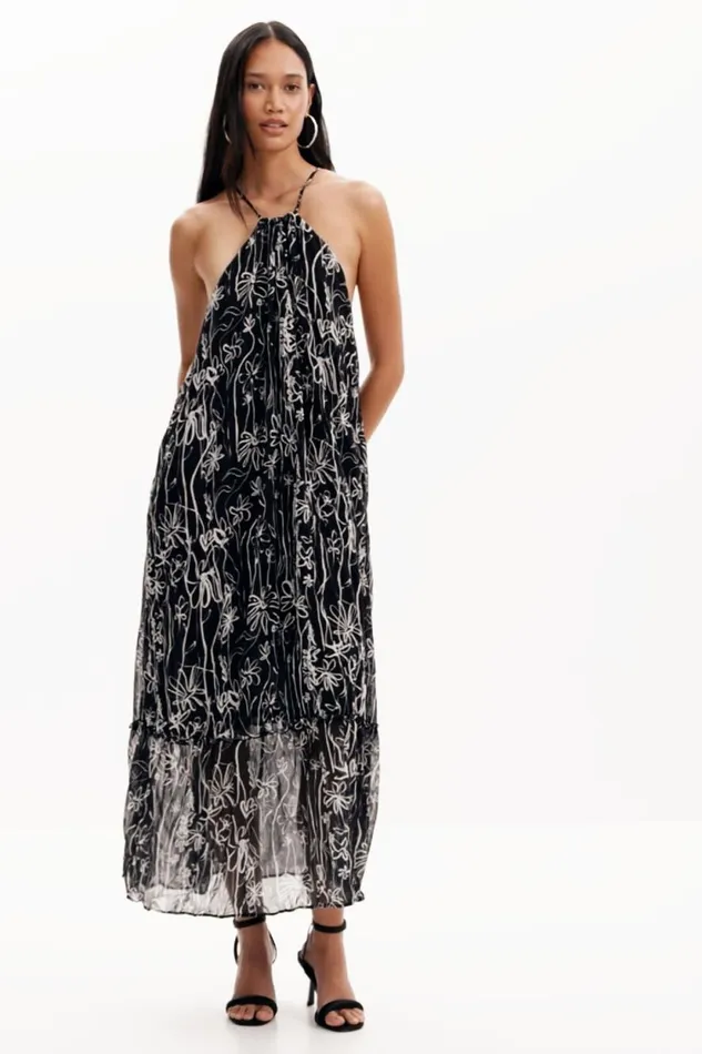 Dresses And Jumpsuits Women Desigual Halter Dress With Floral Illustrations Black