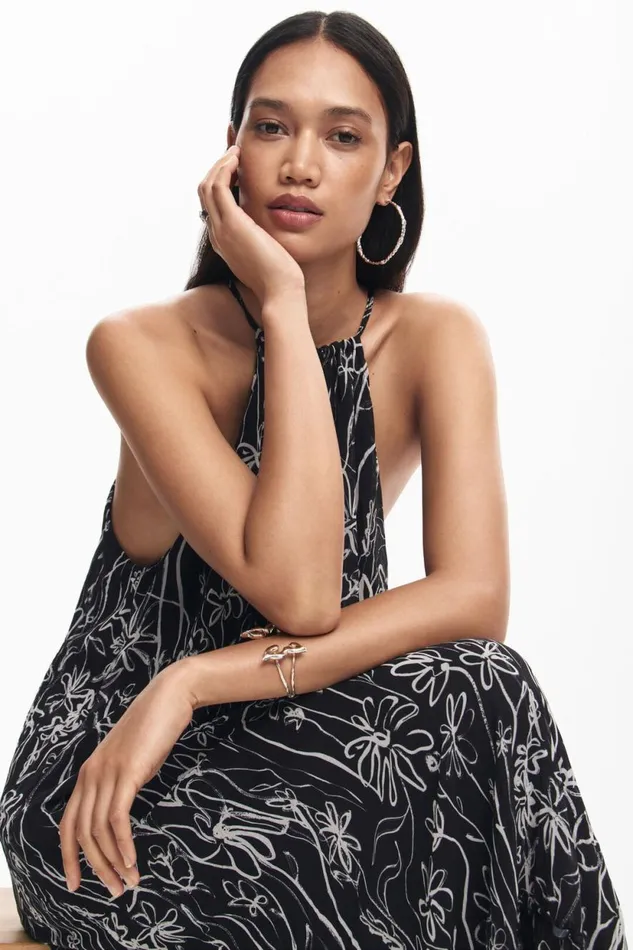 Dresses And Jumpsuits Women Desigual Halter Dress With Floral Illustrations Black