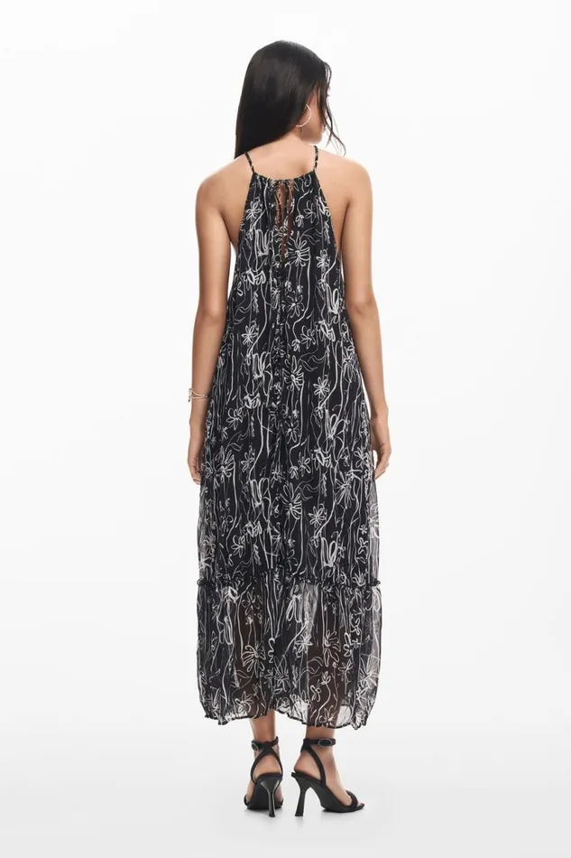 Dresses And Jumpsuits Women Desigual Halter Dress With Floral Illustrations Black